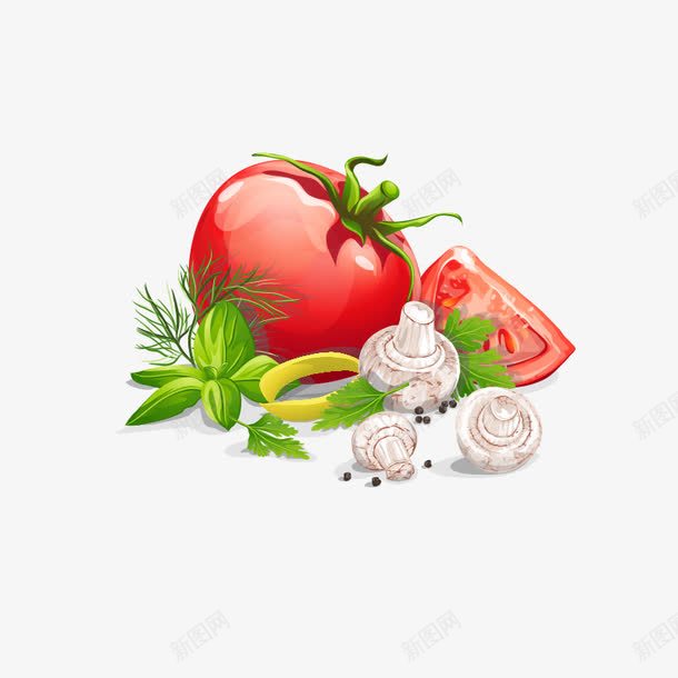 卡通手绘食材png免抠素材_88icon https://88icon.com 手绘食材 西红柿 香菇 香菜叶