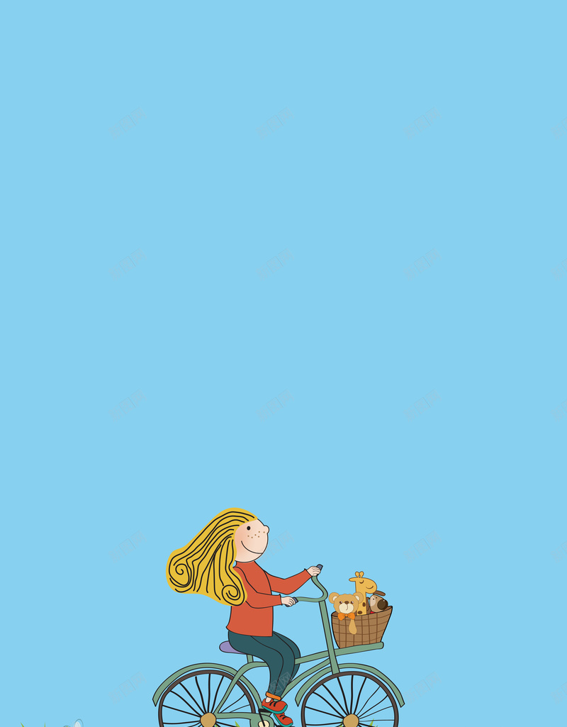 卡通骑车的小女孩海报背景矢量图ai设计背景_88icon https://88icon.com 卡通 可爱 学生 小女孩 开心 手绘 泡面头 海报 白云 矢量 素材 绿草地 美丽 背景 蓝天 车篮 骑车 矢量图