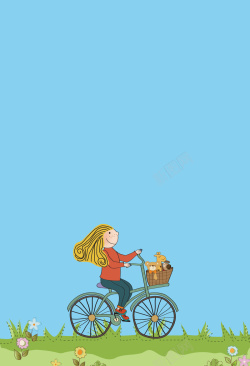 绿草地手绘卡通骑车的小女孩海报背景矢量图高清图片