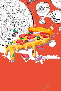 卡通手绘美食披萨西餐店海报背景矢量图背景