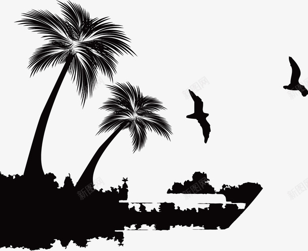 椰子树和海鸥矢量图ai免抠素材_88icon https://88icon.com 椰子树 海鸥 黑色 矢量图