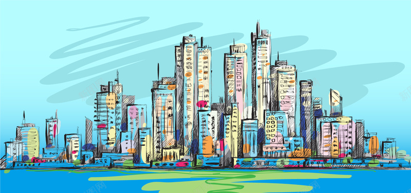 手绘素描线描城市建筑矢量图背景