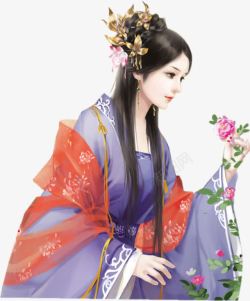 花朵紫衣古风手绘女子素材