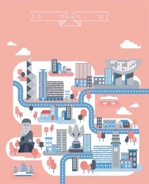手绘矢量旅游香港景点地图粉色海报背景背景