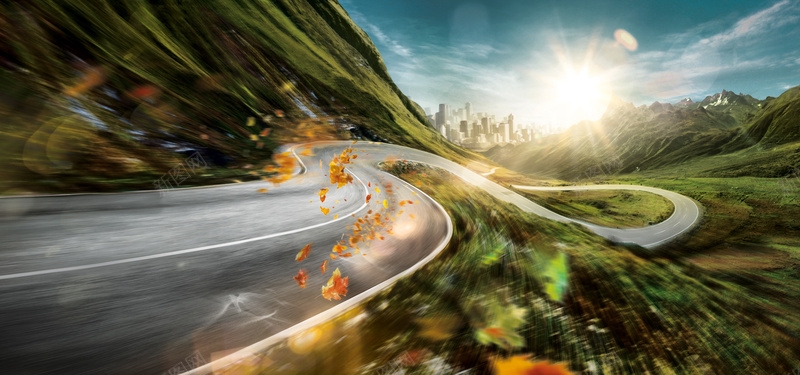山林城市道路背景图psd设计背景_88icon https://88icon.com 光晕 城市 山岭 海报banner 落叶 道路