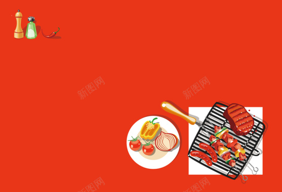 红色火热烧烤食物海报背景矢量图背景