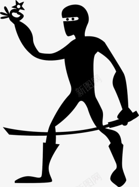 黑色拿刀的武士剪影图标图标