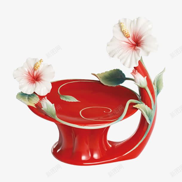 木槿花装饰器皿png免抠素材_88icon https://88icon.com 木槿 植物 白色木槿 红色器皿 艺术 装饰