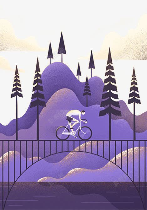 风景插画png免抠素材_88icon https://88icon.com 树木 紫色的山 运动 骑自行车的人