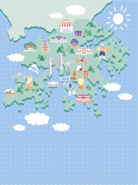手绘矢量旅游香港景点蓝色大海地图海报背景背景