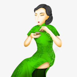 手绘卡通中国风绿色旗袍美女素材