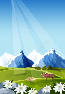 创意远山矢量手绘创意草原畜牧牛奶背景高清图片