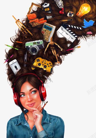 女孩头发与日常用品png免抠素材_88icon https://88icon.com 创意插画 圆规 戴耳机的女孩 手机 打板 相机 长头发底纹
