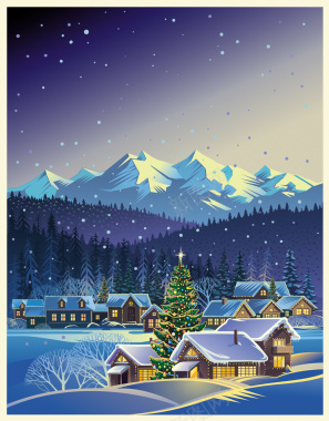 圣诞雪夜小屋远山星光02矢量图背景