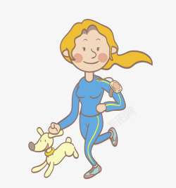黄头发女人跑步的女人和小狗高清图片