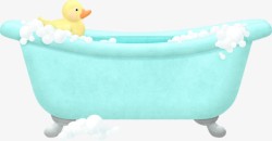 手绘蓝色浴缸里的小黄鸭素材