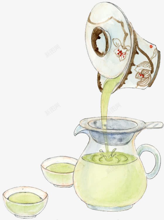 茶壶png免抠素材_88icon https://88icon.com 手绘 绿茶 茶杯 茶水