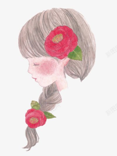 手绘女孩png免抠素材_88icon https://88icon.com 人物侧脸 侧脸 插画 红色花朵 长发女孩