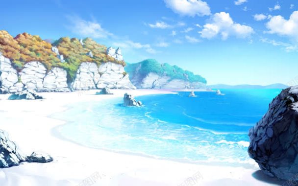 蓝色卡通手绘海岸海报背景背景