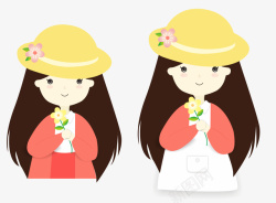 长发女孩拿着花卡通戴小黄帽的小女孩矢量图高清图片
