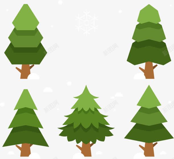 5棵圣诞树png免抠素材_88icon https://88icon.com 圣诞树 圣诞节 矢量素材 绿色 雪花