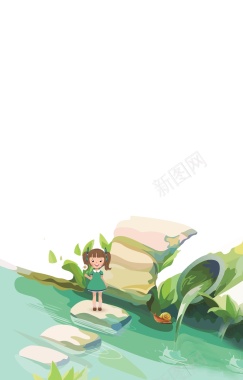 溪涧石头上的小女孩背景矢量图背景