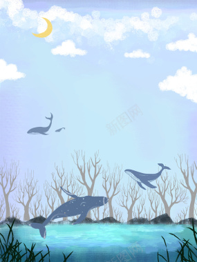 创意手绘海底世界鲸鱼海报背景psd背景
