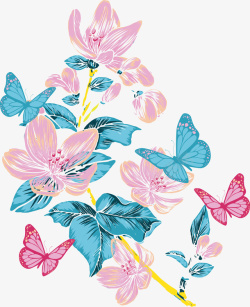 水彩花朵上的蝴蝶矢量图素材