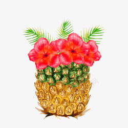 水彩绘插在菠萝里的扶桑花素材