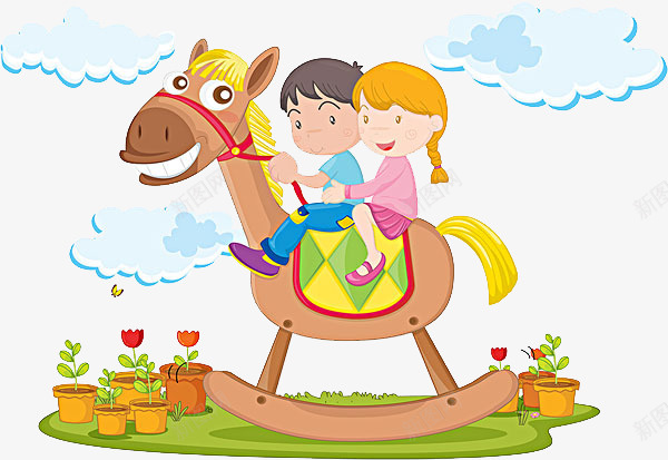 骑在木马上的小孩png免抠素材_88icon https://88icon.com 免抠 卡通 小孩 情侣 木马