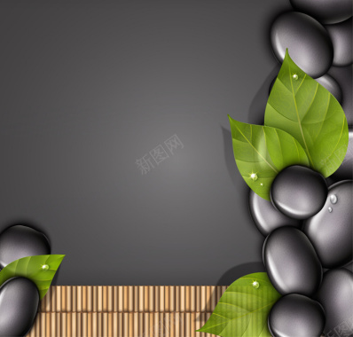 黑色鹅卵石和树叶背景矢量图背景