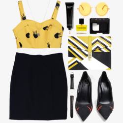黄色吊带和黑色半身裙素材