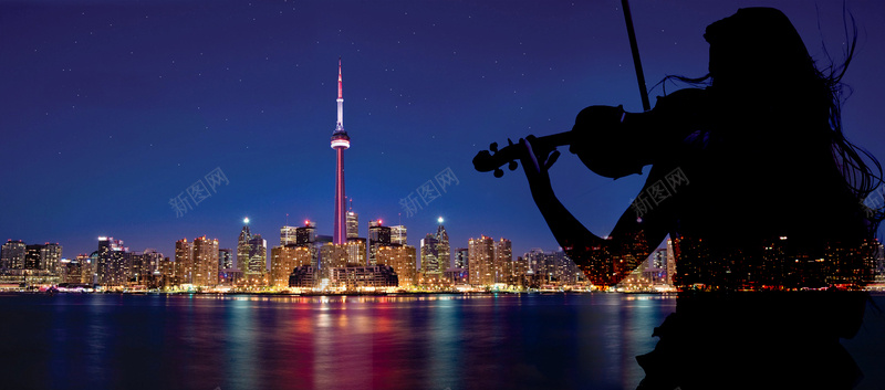 夜晚大都市小提琴女子剪影背景背景