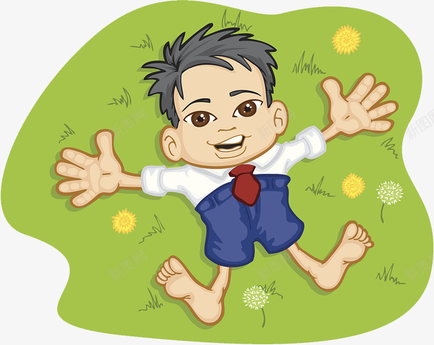 卡通可爱小男孩躺在草地上png免抠素材_88icon https://88icon.com 仰面朝天 卡通 可爱 小男孩 展开双臂 张开双臂 草地上的人 躺在草地上