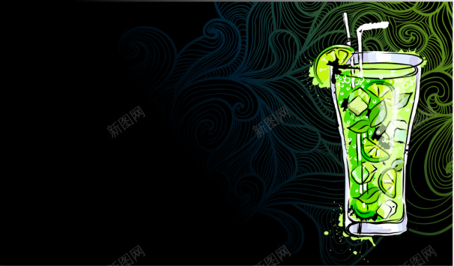手绘绿色柠檬汽水酒吧食品饮料背景矢量图背景