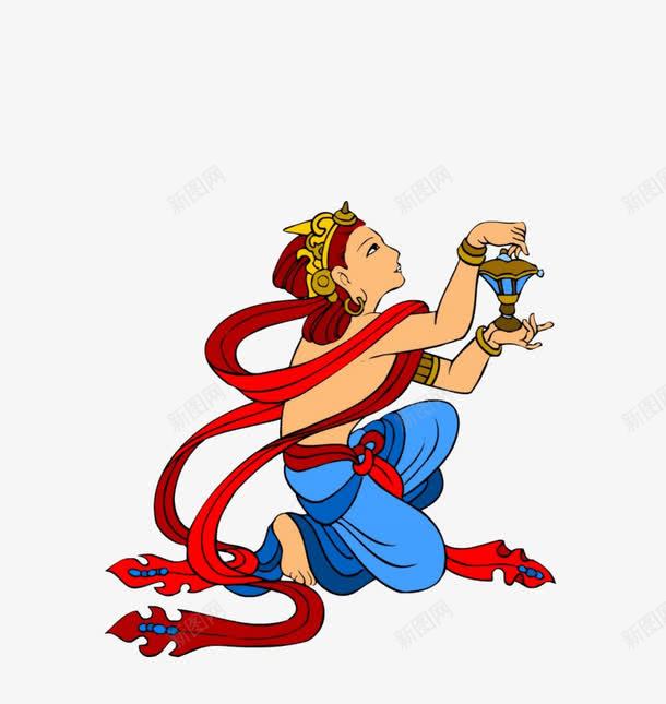 跪坐的飞天舞女png免抠素材_88icon https://88icon.com 一位 卡通 手绘 红色 蓝色 跪坐 飘带 飞天舞女