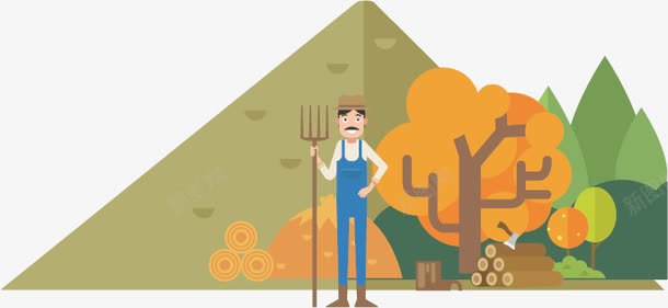 卡通山脚下的农夫矢量图ai免抠素材_88icon https://88icon.com 卡通工人 拿耙子的农夫 矢量树木 矢量图