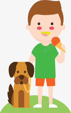 吃冰激凌的狐狸带狗狗散步的男孩矢量图高清图片