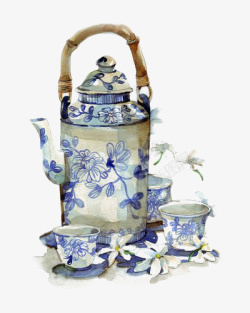 水彩茶具青花瓷茶具高清图片