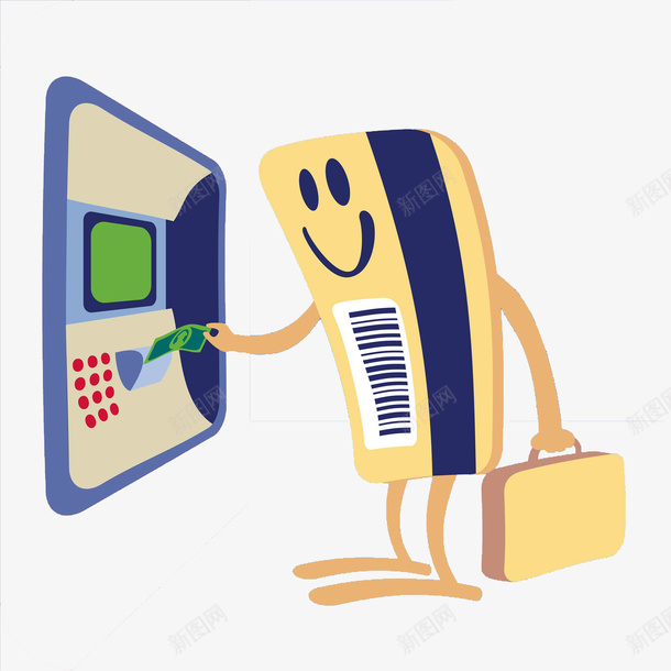 卡通取钱场景图png免抠素材_88icon https://88icon.com 创意的 取钱 手绘 提包 插图 自动取款机 银行卡