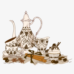 手绘花纹茶壶和茶杯素材