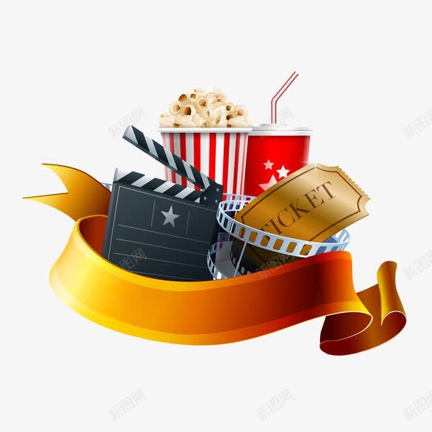 电影票与爆米花png免抠素材_88icon https://88icon.com 可乐 场记板 爆米花 飘带