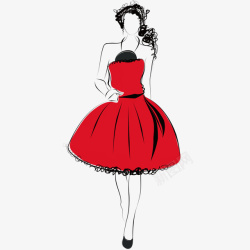 手绘穿红色裙子的时尚女孩素材
