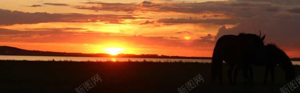 夕阳下的草原湖美景背景