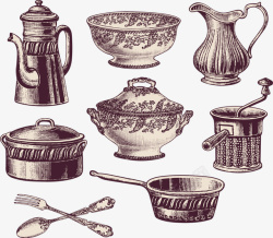 复古手绘茶具器皿矢量图素材