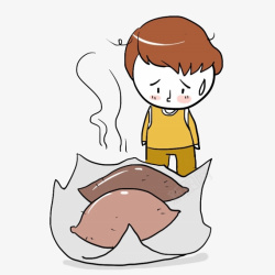 卡通手绘男孩和冒热气的烤红薯插素材