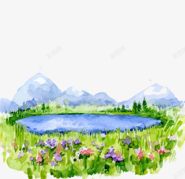 手绘湖边美景png免抠素材_88icon https://88icon.com 手绘风景 湖边 美景 花朵 风景