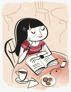 装饰插图喝咖啡看书的女孩素材