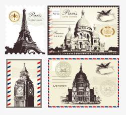 复古建筑邮票矢量图素材