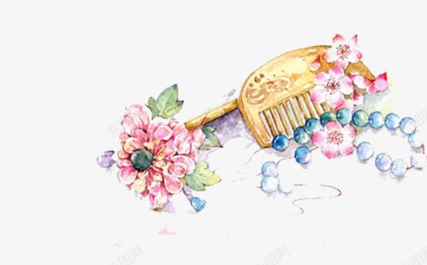 珠串和木梳png免抠素材_88icon https://88icon.com 手绘 木梳 珠串 花朵
